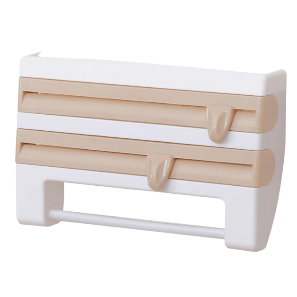 Suporte de parede 4 em 1 para filme, papel toalha e utensílios de cozinha Xiaoluokaixin, cor cáqui, organizado e prático