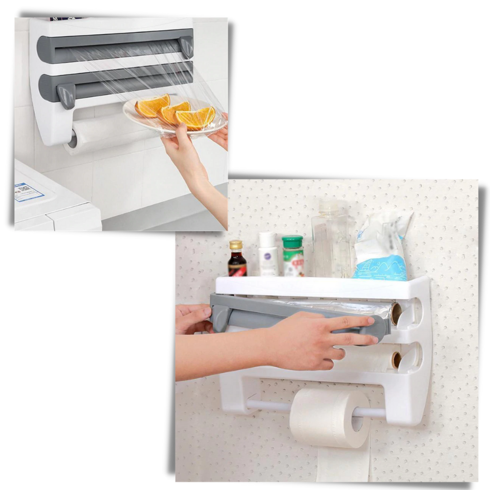 Suporte de parede 4 em 1 para filme plástico, papel toalha e utensílios de cozinha Xiaoluokaixin, instalação fácil, organizado e funcional