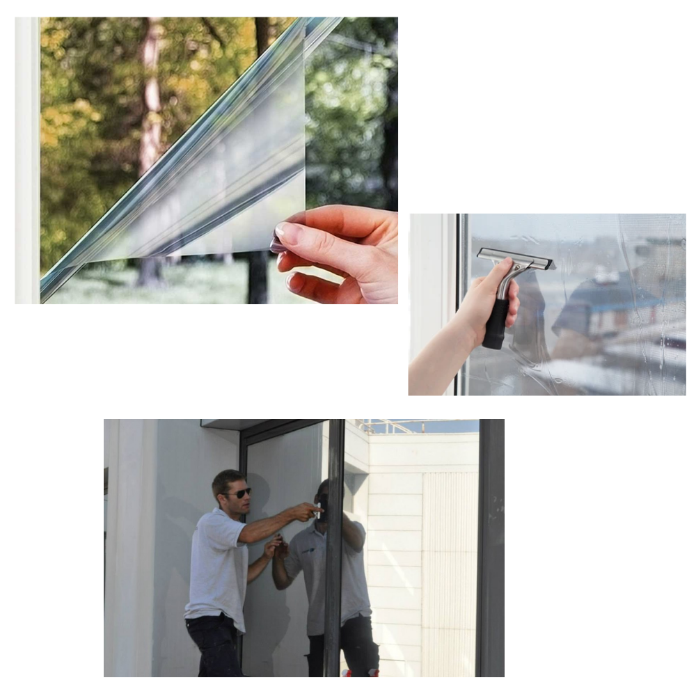 Filme anti-regards refletivo para janelas, marca Popvcly, mostrando instalação em uma janela com detalhes visíveis.