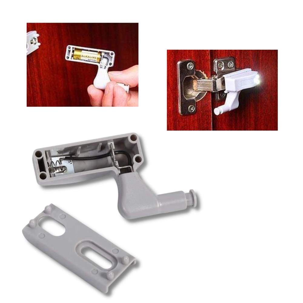 Conjunto de 3 luminárias LED sem fio para portas de armário, marca Eastjing, iluminando o interior com luzes brancas.