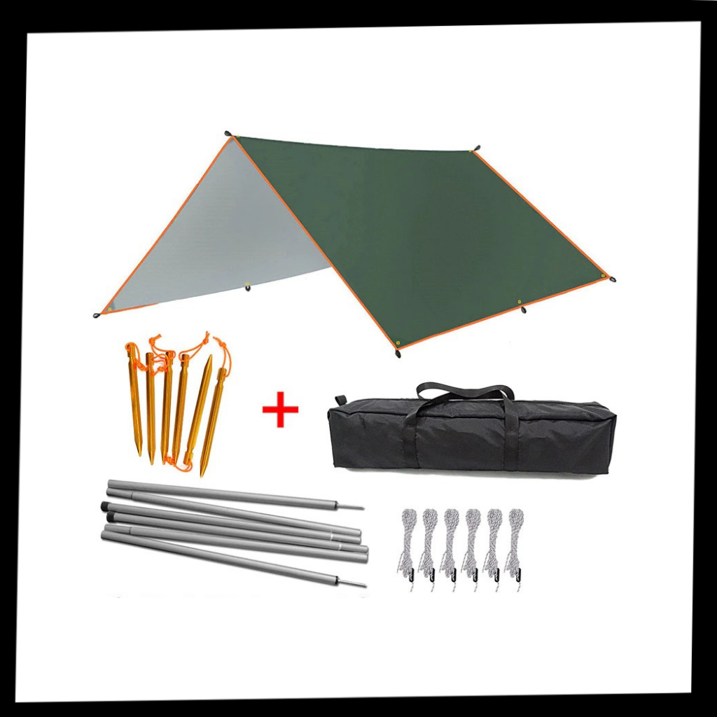 Imagem de kit de lona de camping impermeável da Abcelit, com toldo resistente à água para atividades ao ar livre e camping.