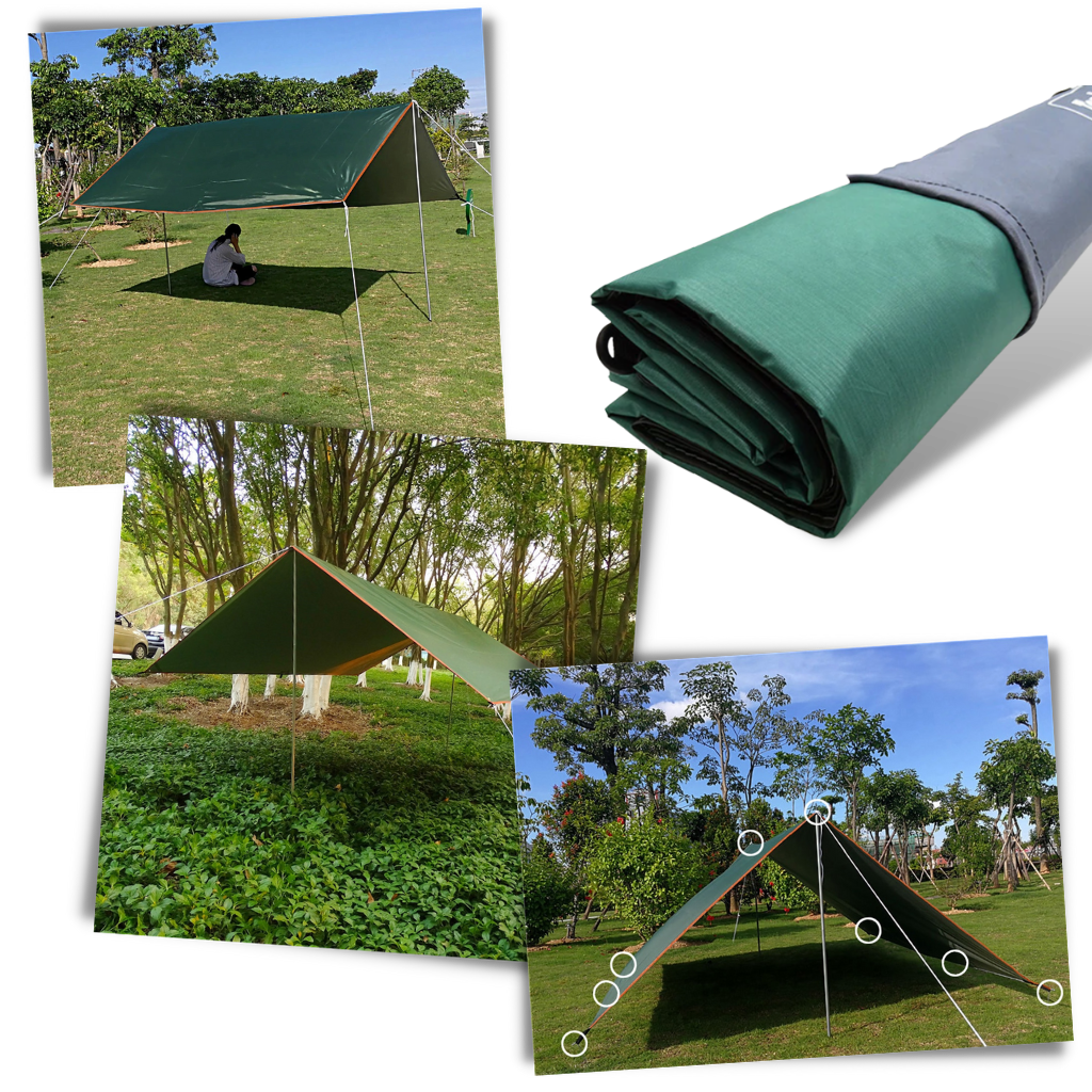 Conjunto de lona de camping impermeável da Abcelit, ideal para atividades de camping e trilhas ao ar livre.