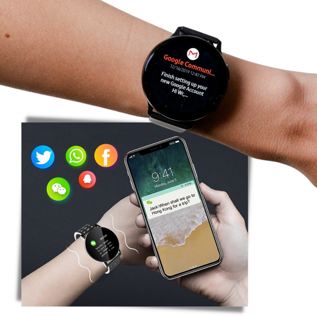 Relógio inteligente à prova d'água da Cvlife em várias cores, exibindo notificações em tempo real, ideal para roupas fitness e esportes.