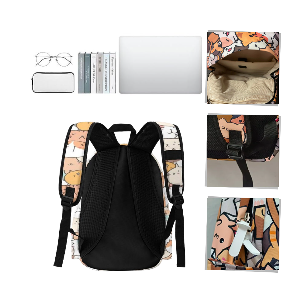 Mochila Neko Astsum da Roffatide, com design fofo de gato e compartimentos organizadores, vista de trás exibindo alças ajustáveis.