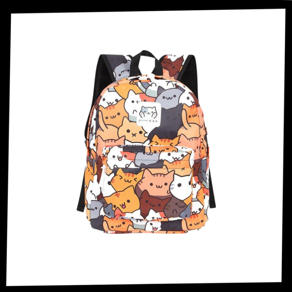 Mochila Neko Astsum da Roffatide com design divertido de gato, vista de costas, destacando alças e detalhes da mochila.