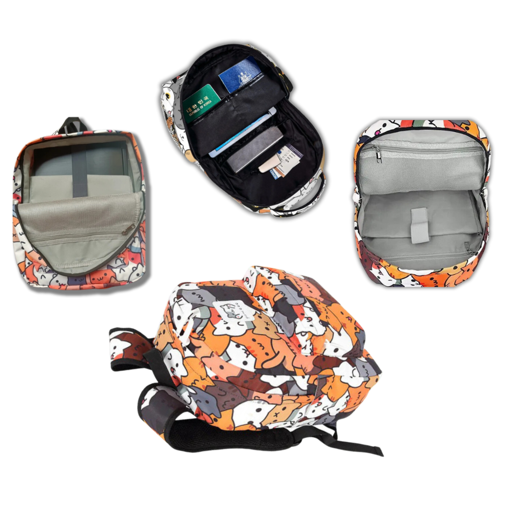 Mochila Neko Astsum da Roffatide com design fofo de gato e detalhes encantadores, vista lateral com alças ajustáveis.