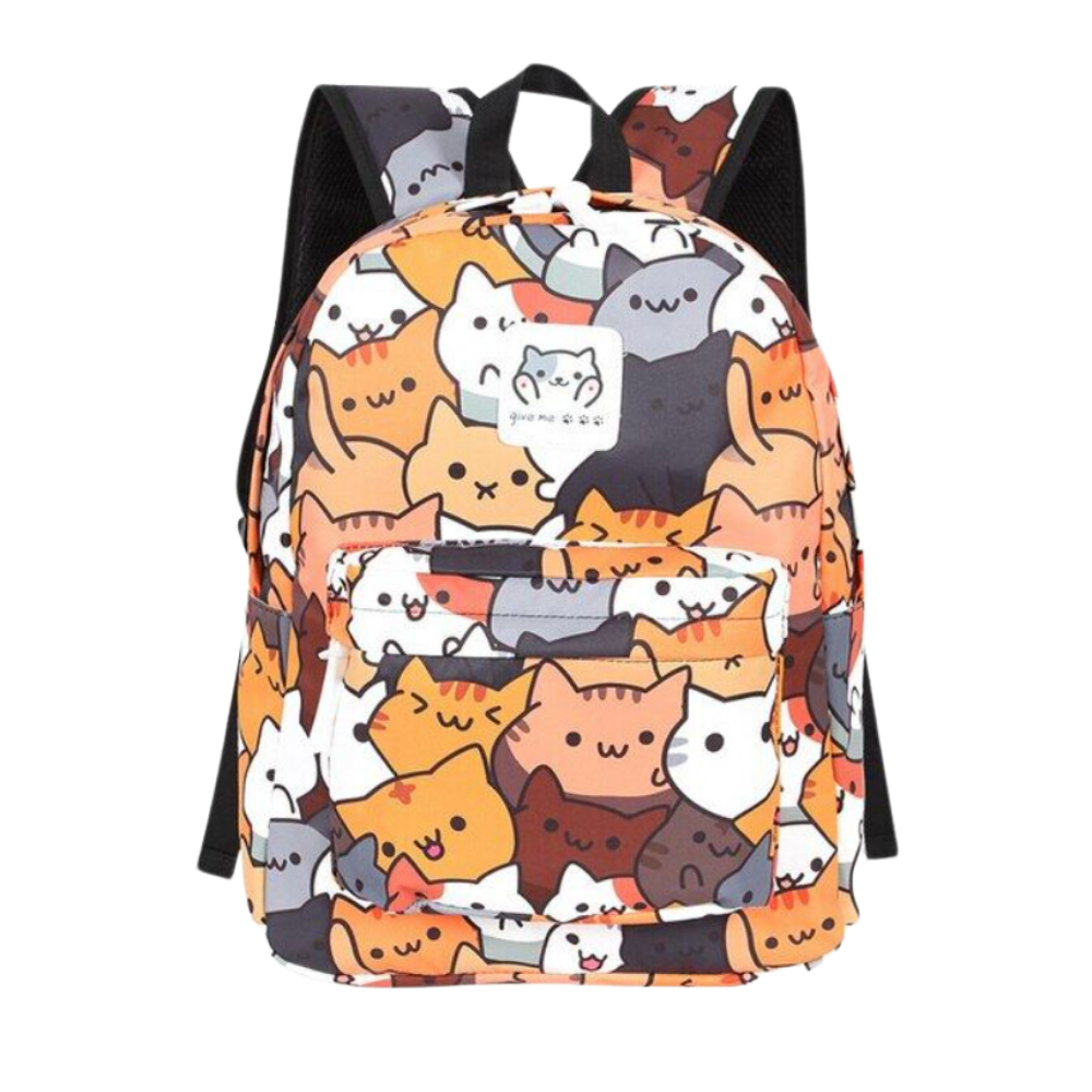Mochila Neko Astsum da Roffatide com estampa divertida de gato preto, com detalhes coloridos e alças ajustáveis.