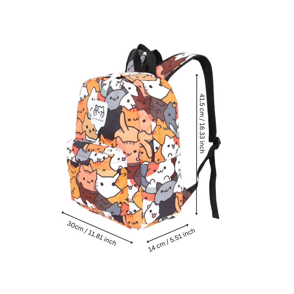 Mochila Neko Astsum da Roffatide com design fofo de gato, vista traseira com alças acolchoadas e detalhes coloridos.