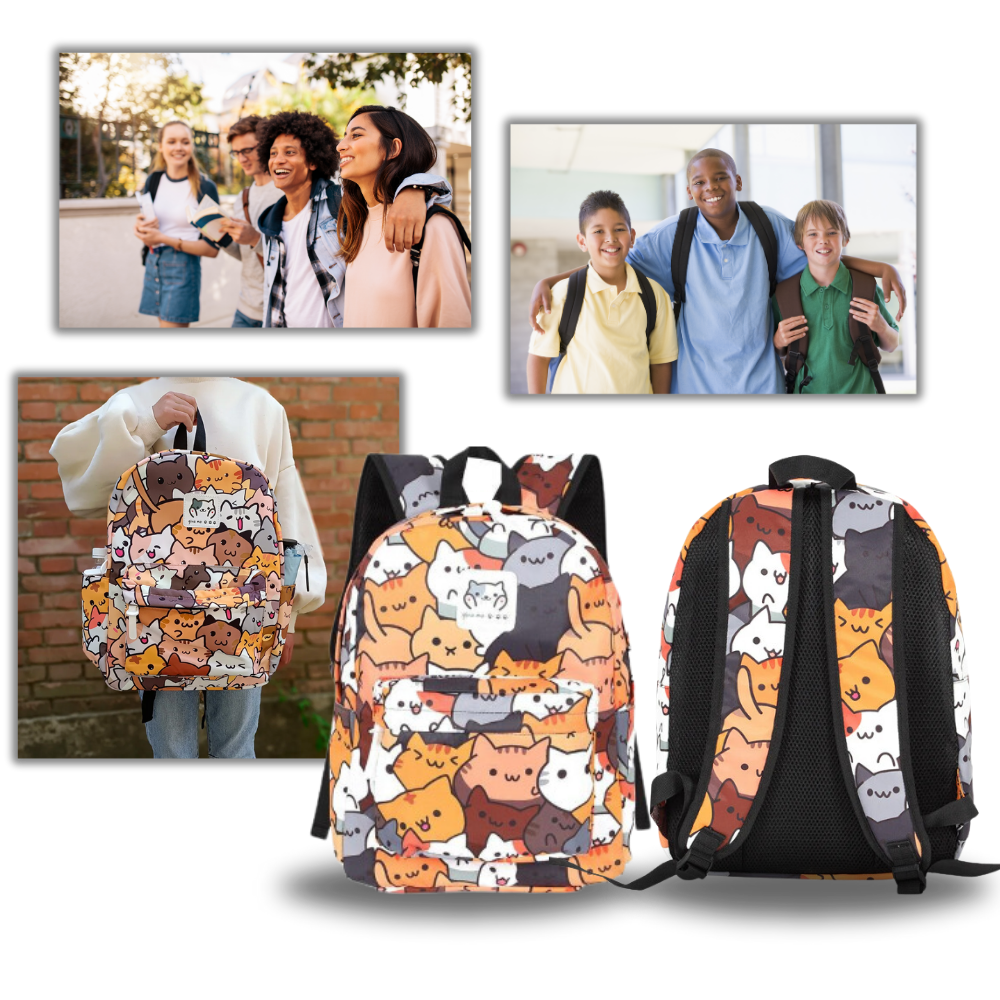 Mochila Neko Astsum da Roffatide, com design fofo de gato, detalhes coloridos e alças ajustáveis, ideal para uso diário.