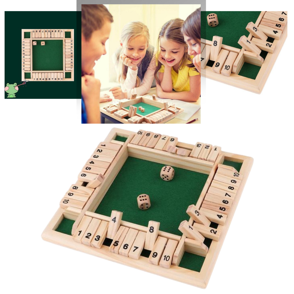 Jogo de dados em madeira para jogos de tabuleiro, com vários dados coloridos em uma superfície de jogo.