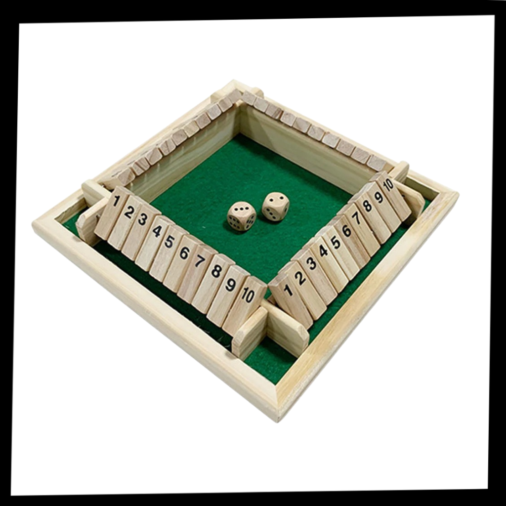 Conjunto de dados de madeira para jogos de tabuleiro, com várias peças coloridas em embalagem.