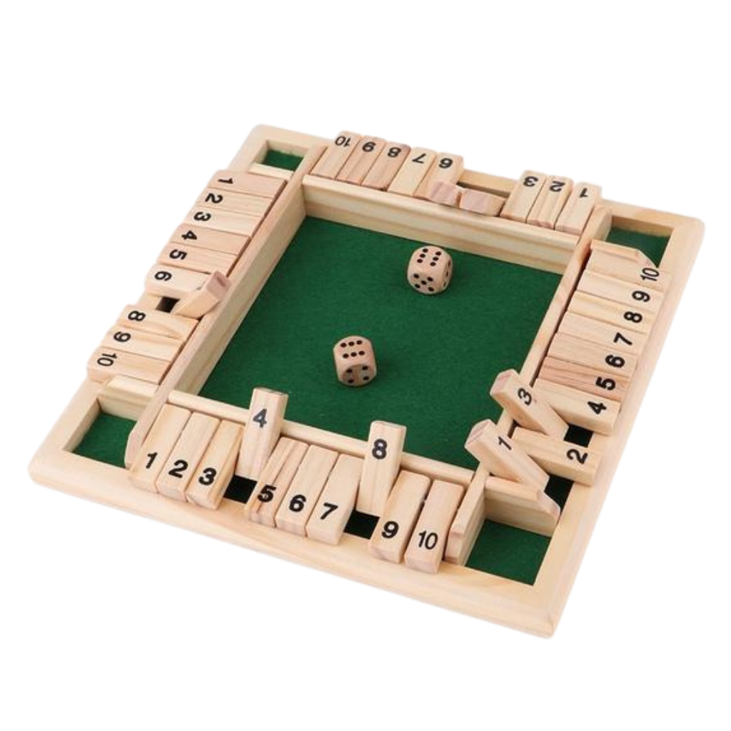 Conjunto de dados de madeira para jogos de tabuleiro, com dados coloridos e detalhes naturais, ideal para jogos em grupo.