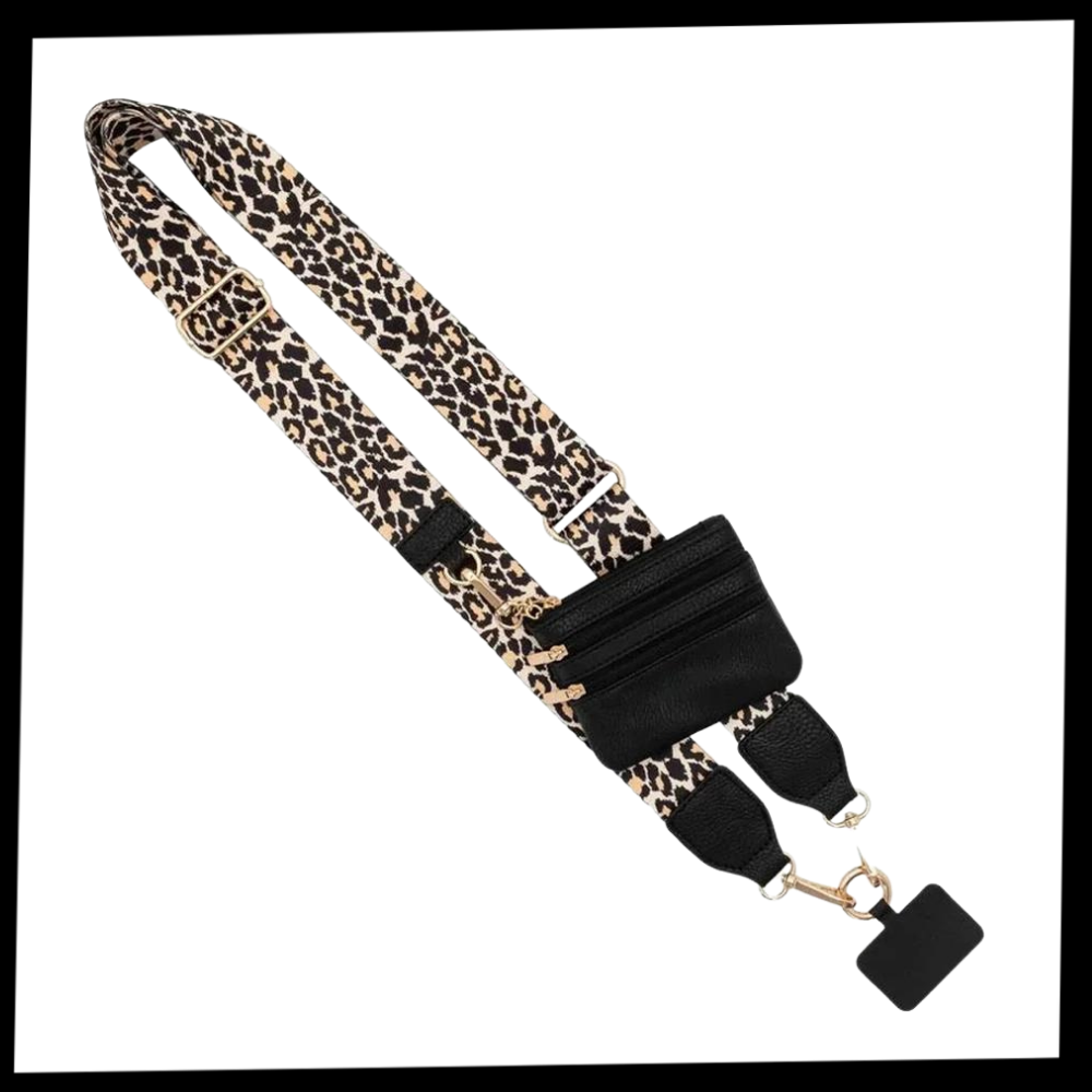 Correia ajustável para celular da Save The Girls, com porta-cartões e bolso para dinheiro, em material resistente e confortável.