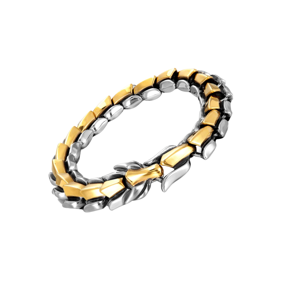 Pulseira ajustável com design de dragão de Midgard em prata e dourado, criada pela marca Sunnimix.