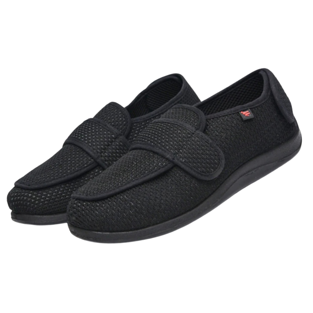 Sapatos ortopédicos ajustáveis Silvert's para pés diabéticos, calçados pretos confortáveis e com suporte para uso diário.