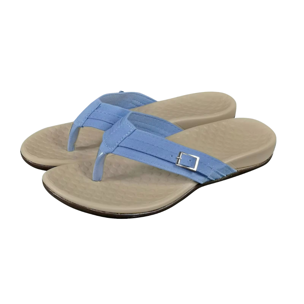 Sandálias ortopédicas Ozerty com tiras ajustáveis, calçado confortável em azul claro para suporte e saúde dos pés.