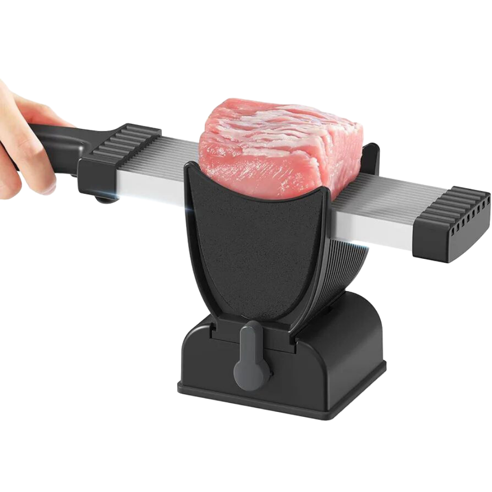 Fatiador de carne manual ajustável na cor preta, utensílio de cozinha para cortar carne com espessura personalizada.