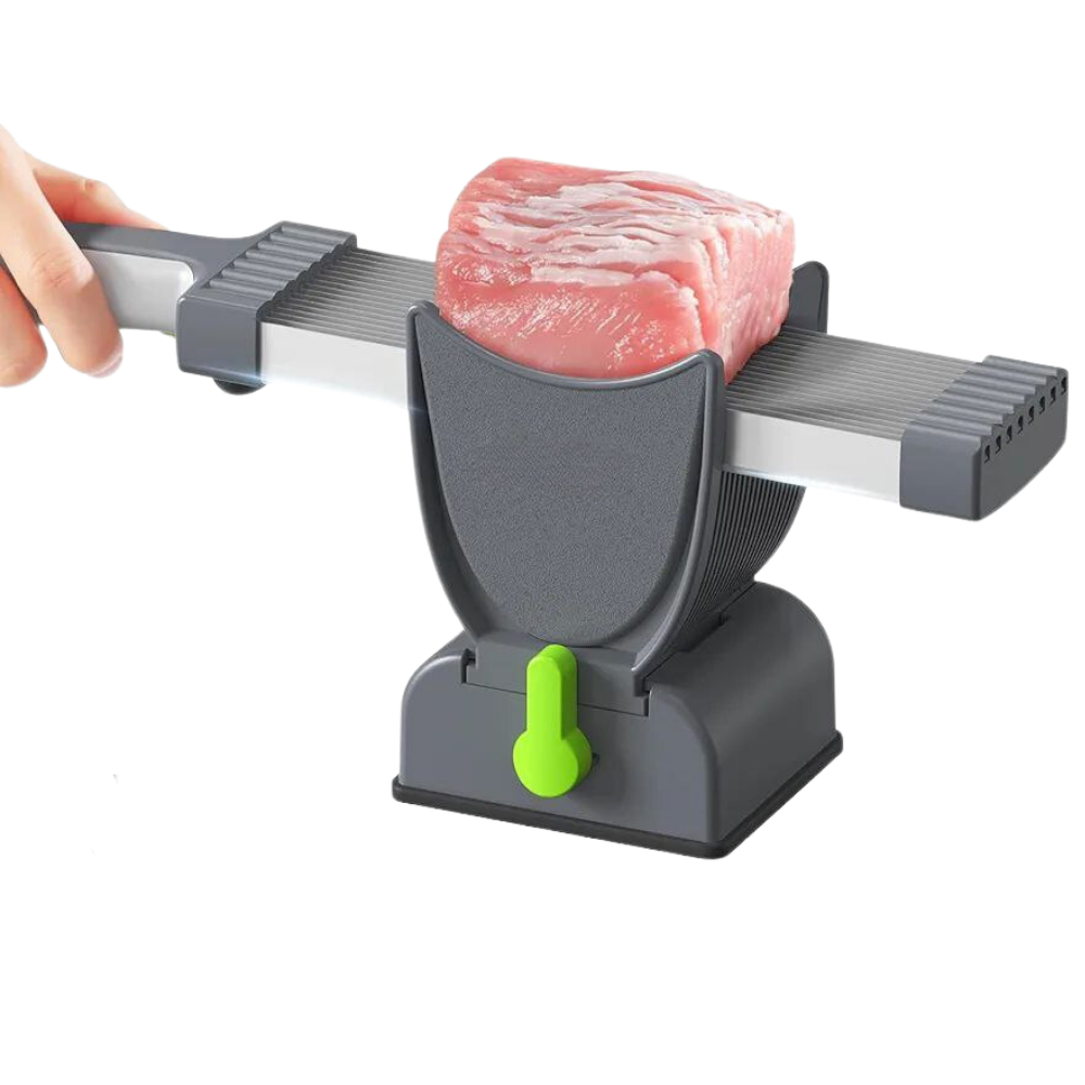 Fatiador de carne manual ajustável na cor cinza, utensílio de cozinha para cortar carne em diferentes espessuras.
