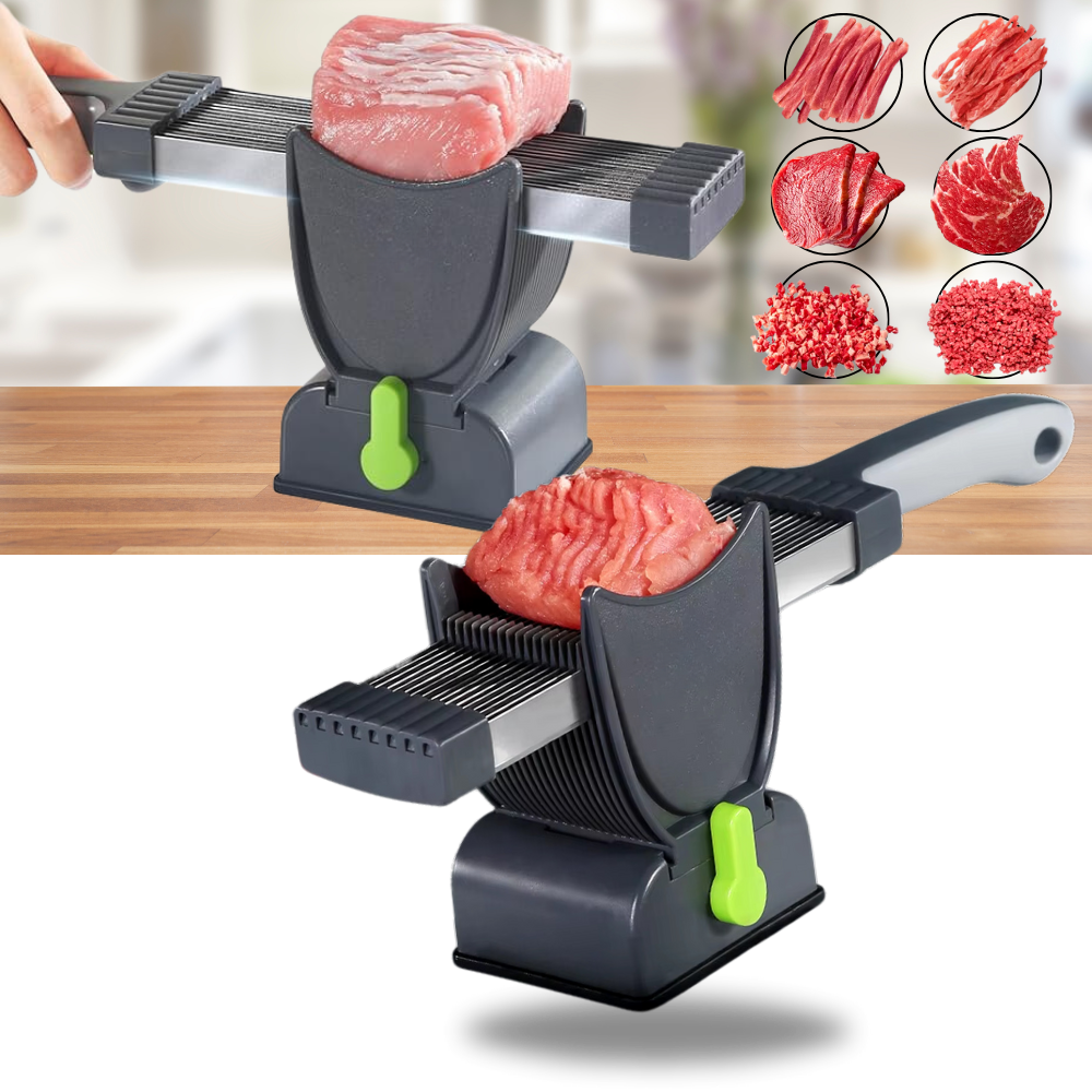 Fatiador de carne manual ajustável da marca Generic, com lâmina para cortar fatias de diferentes espessuras.