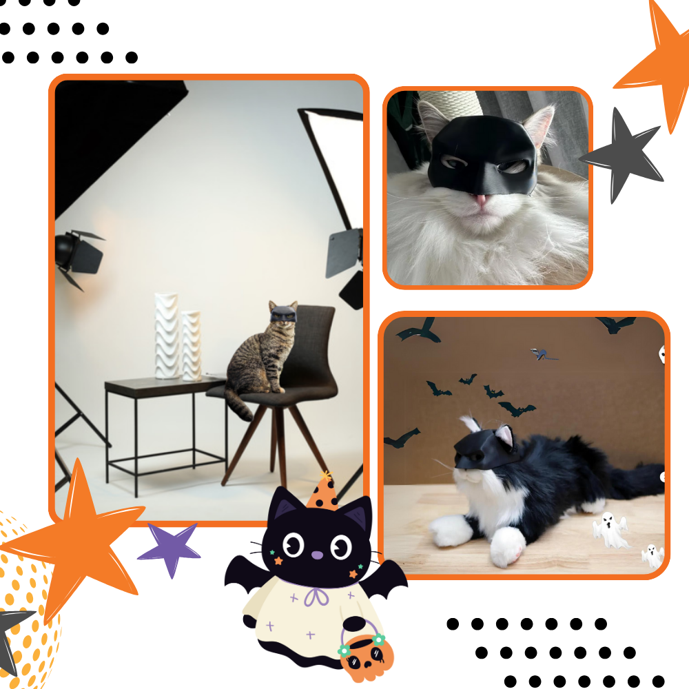 Máscara de gato Batman da Merbary, máscara irresistível de tecido para pets com detalhes do herói Batman.