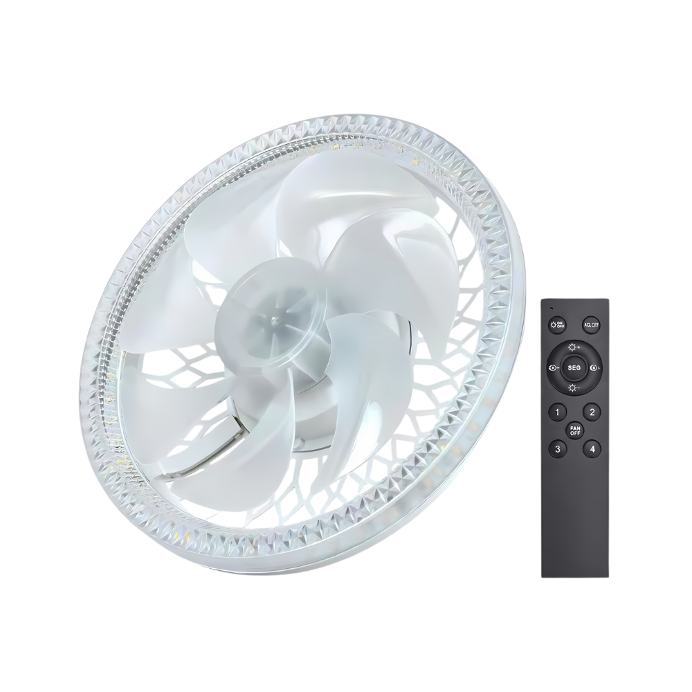 Ventilador de teto branco com lâmpada integrada e controle remoto, ideal para climatização e decoração de ambientes.