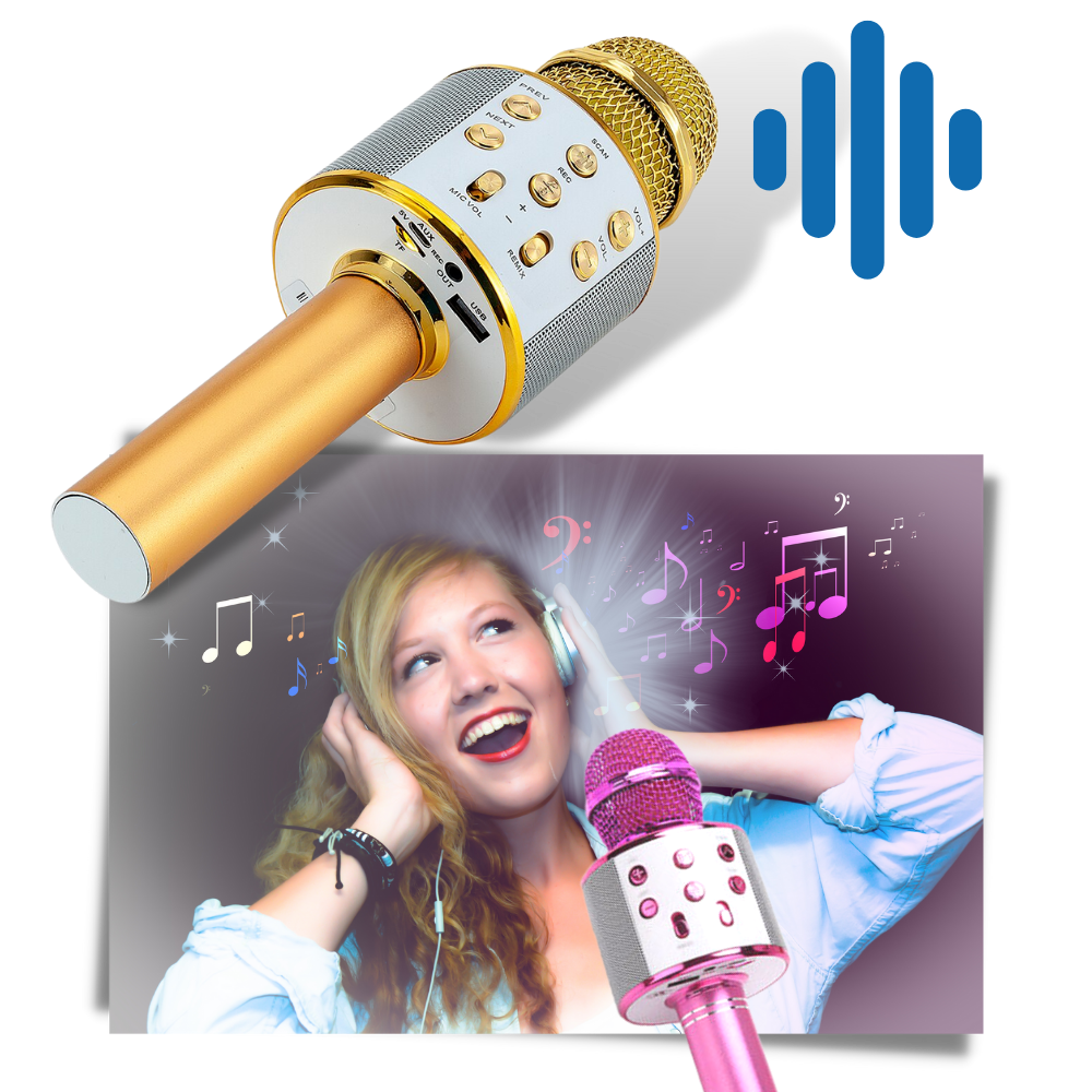 Microfone de karaoke Bluetooth sem fio Aetomce, componente de áudio com design em azul para diversão musical.