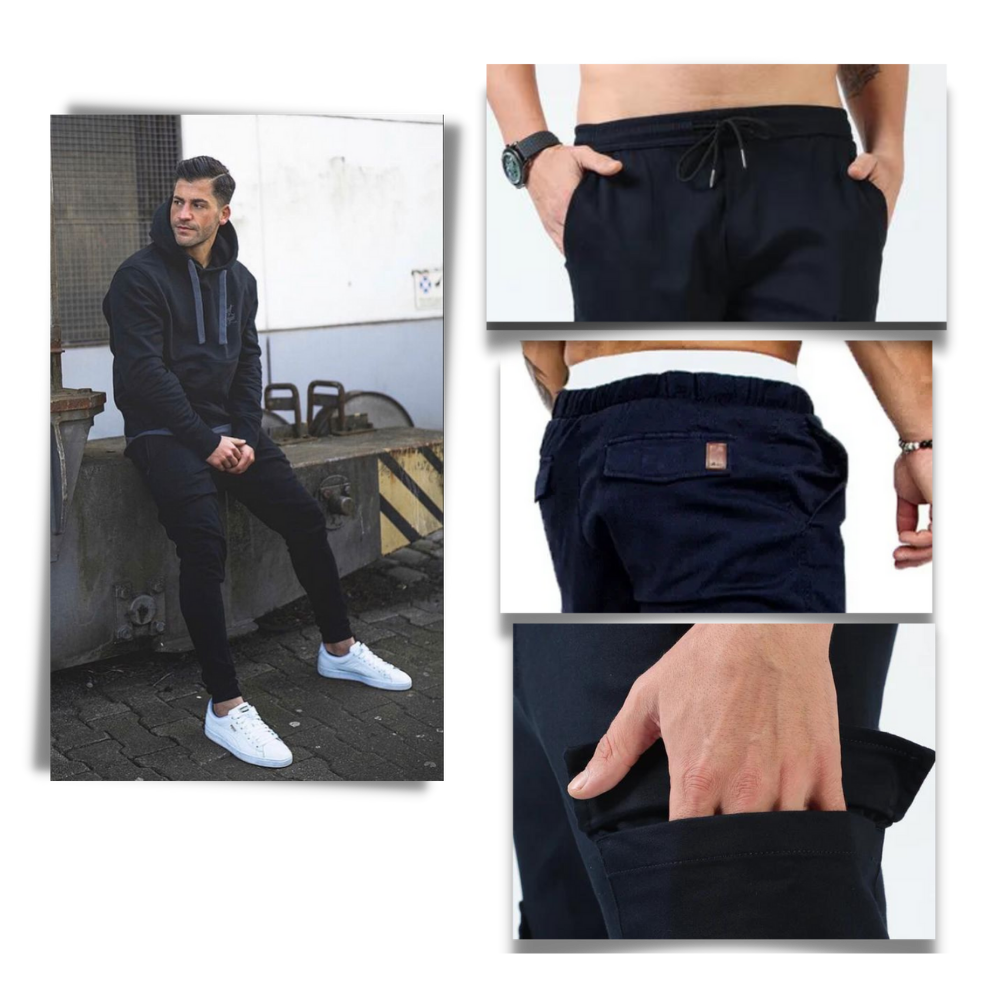 Calça cargo slim masculina da AfdoEnt em cinza escuro, com detalhes de bolsos laterais e cós ajustável.