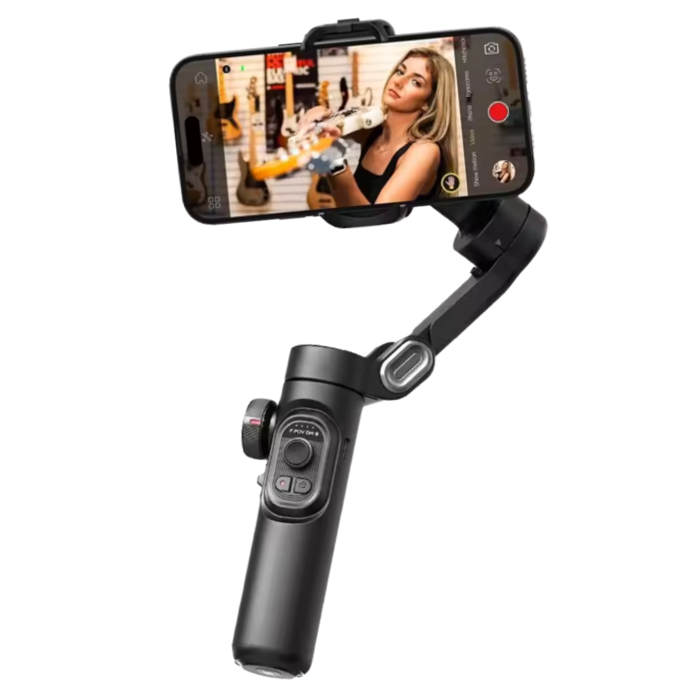 Estabilizador de telefone Yuemi com rastreamento por IA para vídeos estáveis, sem luz adicional, acessório para câmeras e smartphones.