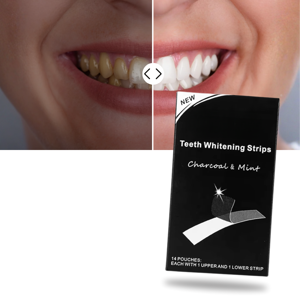Faixas de branqueamento dental com carvão e hortelã da marca Ailiu, indicadas para cuidados bucais.