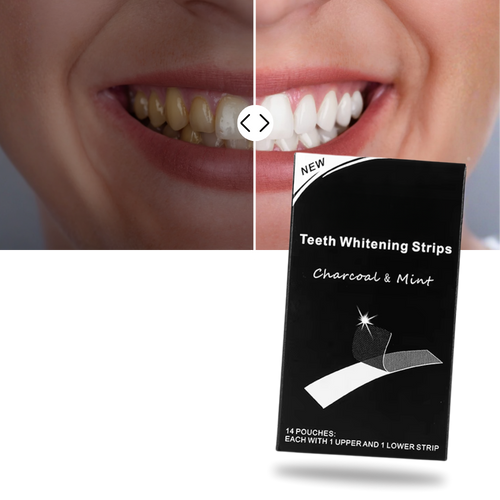Faixas de branqueamento dental com carvão e hortelã da marca Ailiu, indicadas para cuidados bucais.