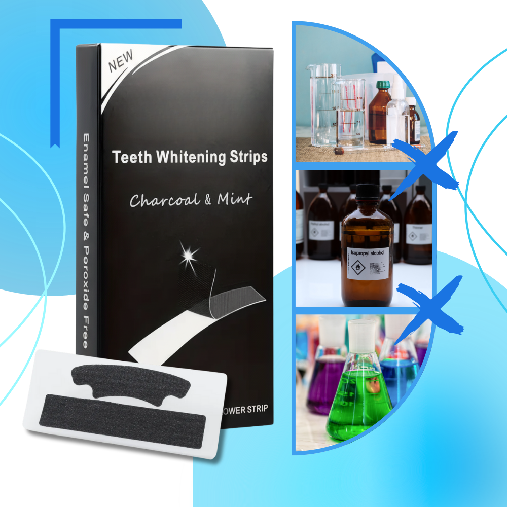 Faixas de branqueamento dental com carvão e hortelã da marca Ailiu, mostrando as faixas brancas para cuidados bucais.