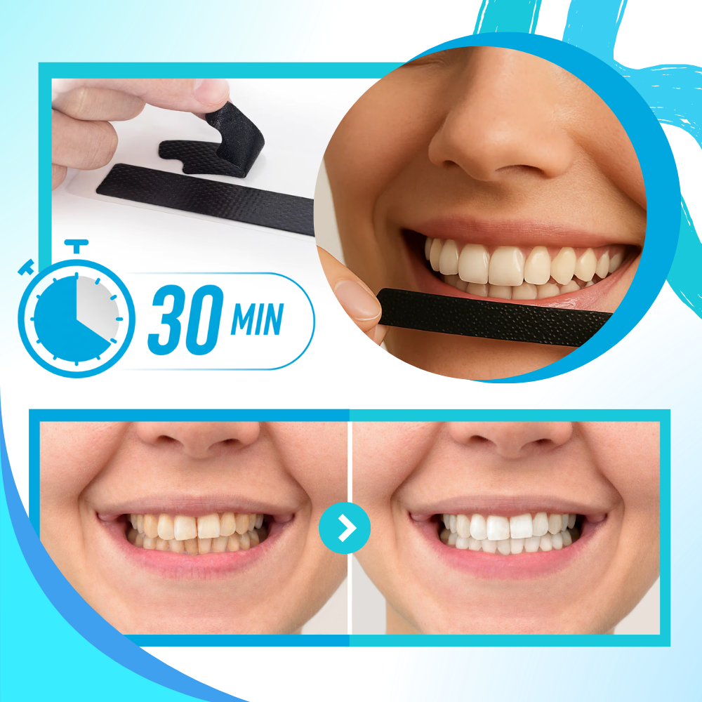 Faixa de clareamento dental com carvão e hortelã da Ailiu, cuidados bucais, mostrando embalagem e faixa de uso.