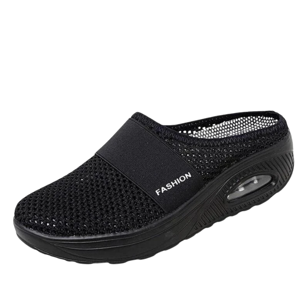 Sapatos slip-on Ozerty France com almofada de ar para diabéticos, calçados confortáveis para cuidado do dorso, pretos.