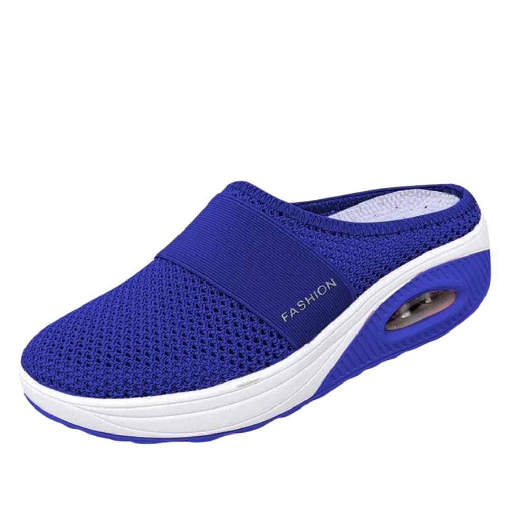 Sapatos slip-on azuis da Ozerty França com almofada de ar para diabéticos, projetados para conforto e cuidado do dorso.