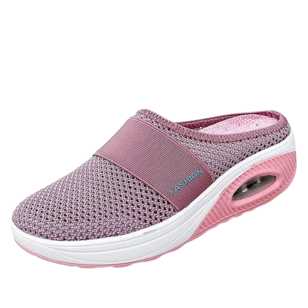 Sapatos com almofada de ar para diabéticos, modelo slip-on rosa, ideais para cuidado do dosso, marca Ozerty France.
