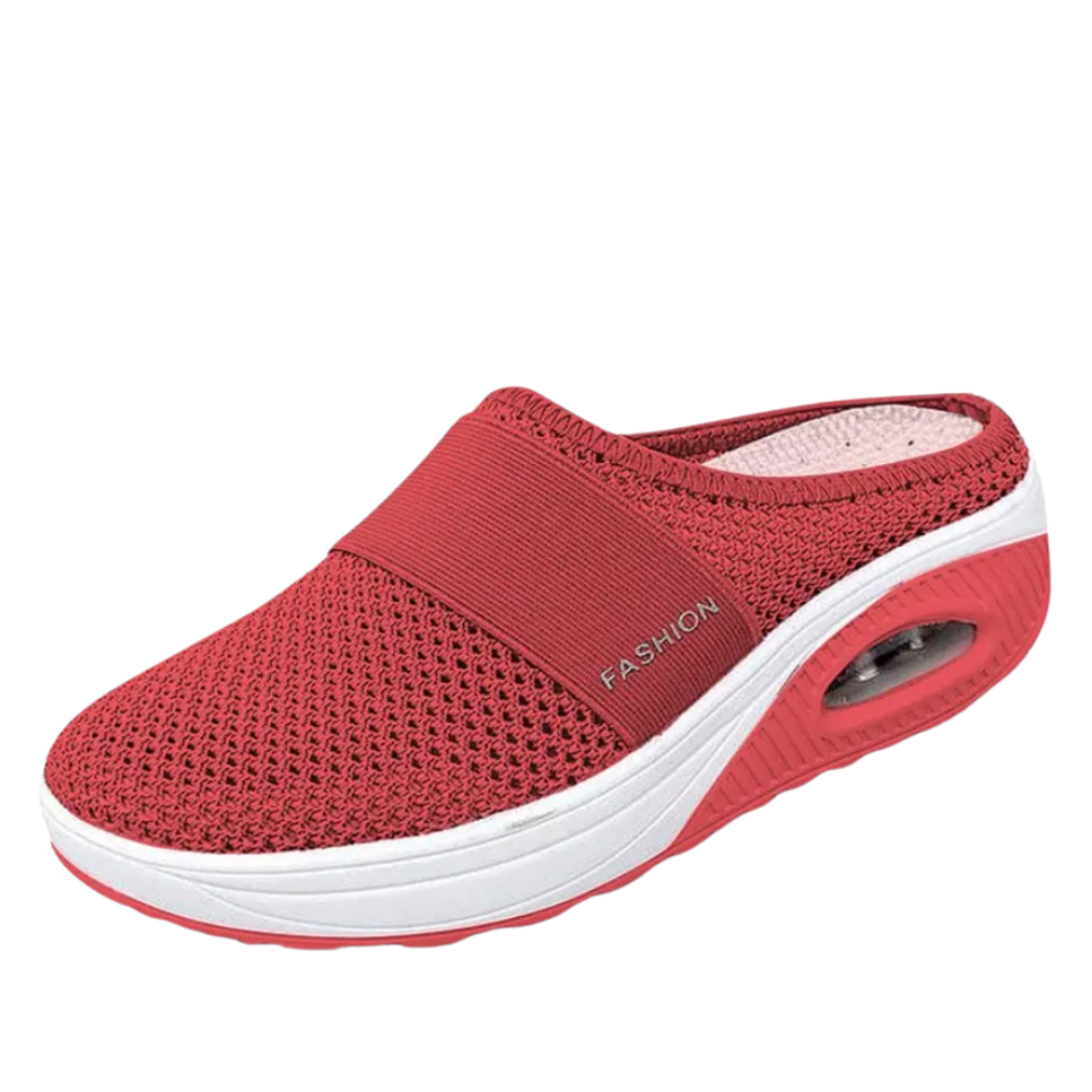 Sapatos slip-on vermelhos com coussin d'air para diabéticos, conforto e suporte para cuidado do dos com marca Ozerty France.