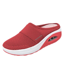 Sapatos slip-on vermelhos com coussin d'air para diabéticos, conforto e suporte para cuidado do dos com marca Ozerty France.