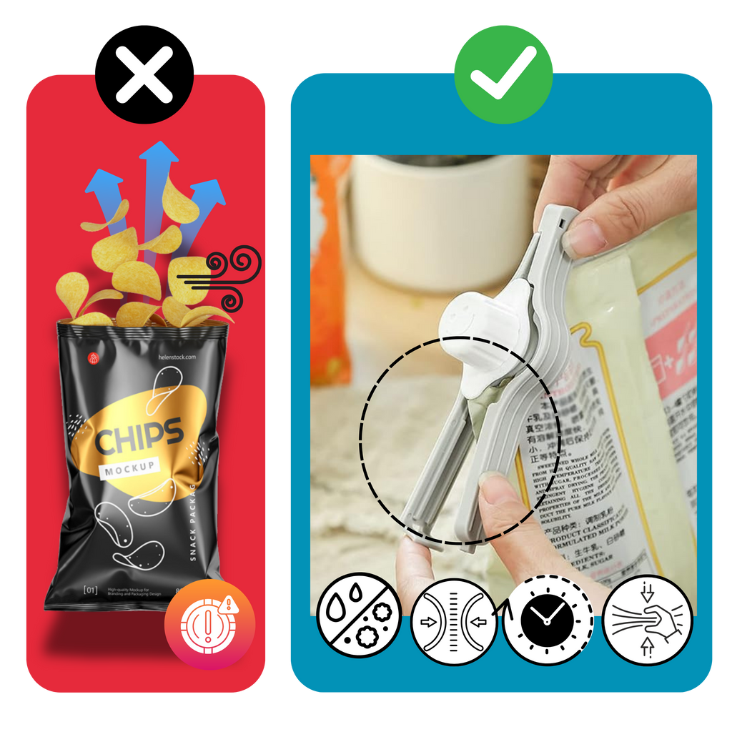 Clips herméticos da The Red Sun para sacos de batatas chips, vedação segura para conservar alimentos e manter frescor.