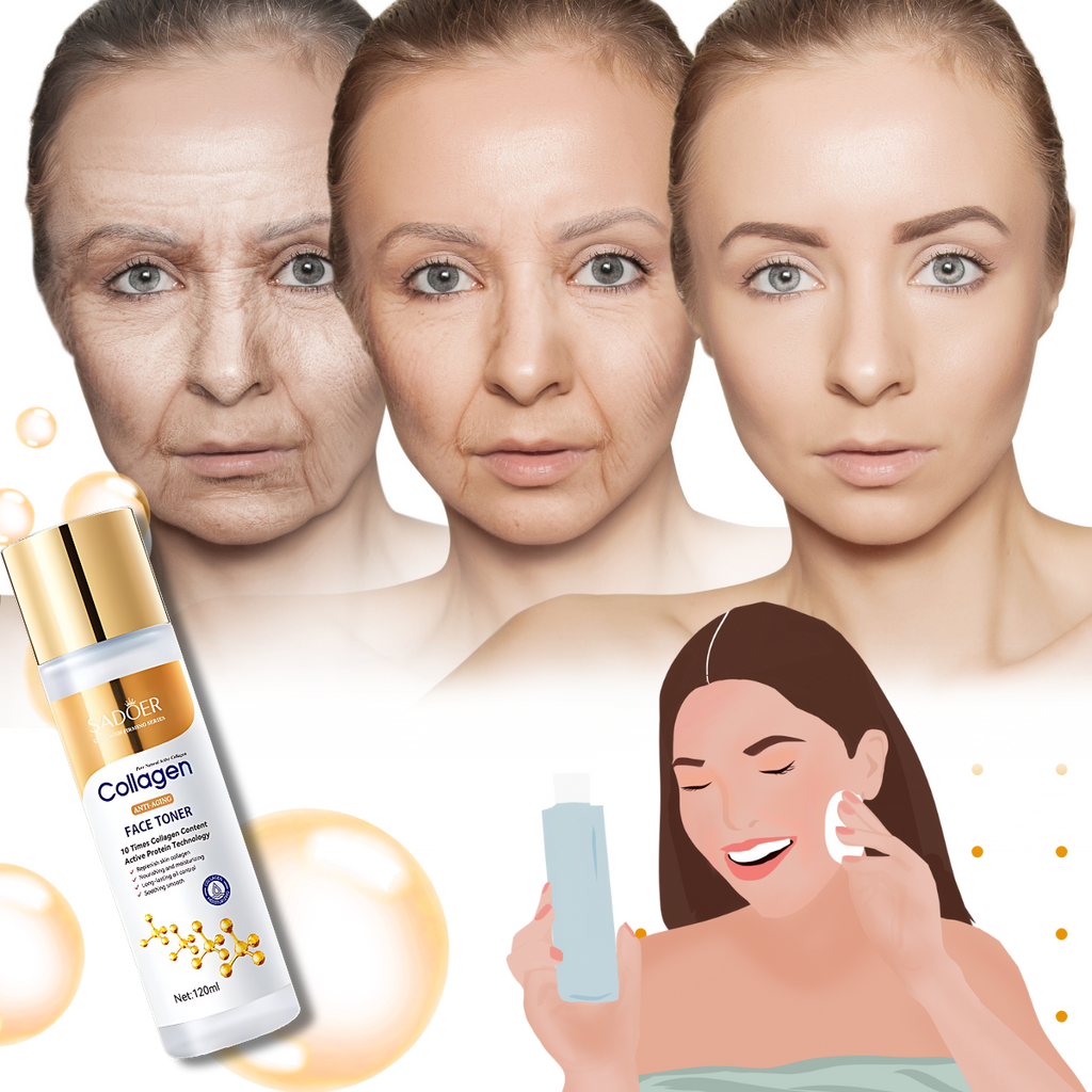 Loção tônica facial com colágeno da Alaparte-Toners, clareadora e anti-idade, em frasco de embalagem transparente.