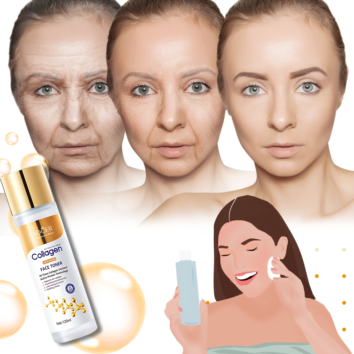 Loção tônica facial com colágeno da Alaparte-Toners, clareadora e anti-idade, em frasco de embalagem transparente.