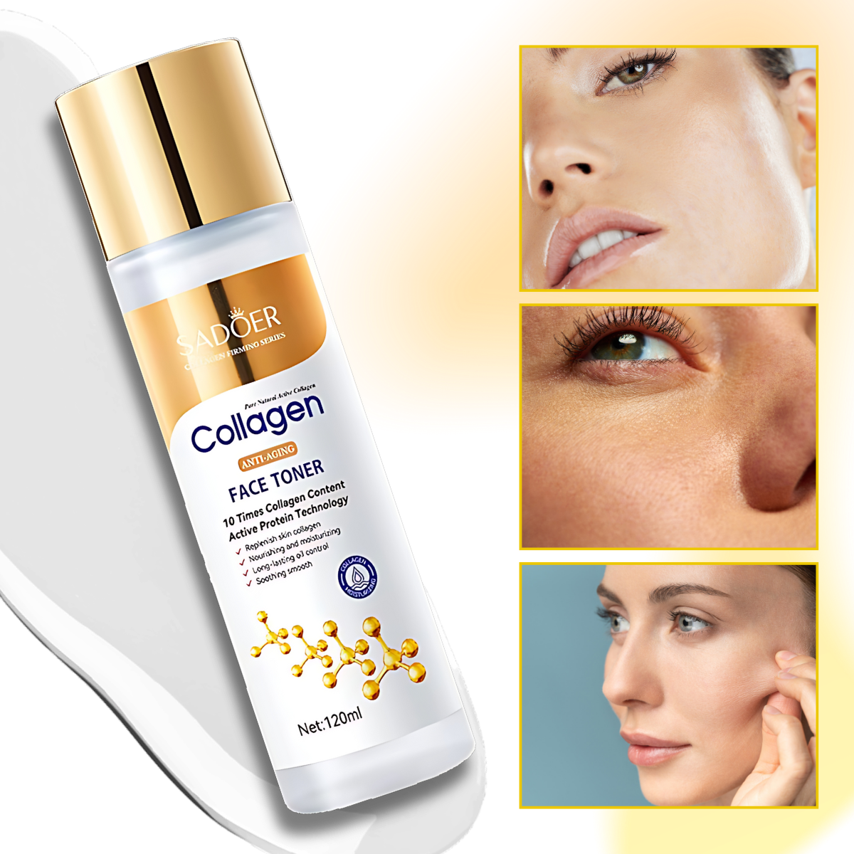 Loção tônica com colágeno da Alaparte-Toners, fórmula iluminadora e anti-idade para cuidados faciais.