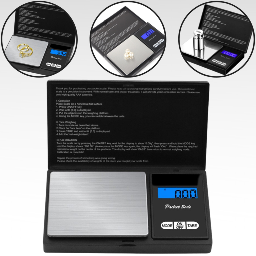 Balança digital de poche American Weigh Scales, acessório para ferramentas de medição e detectores, mostrada em uso.