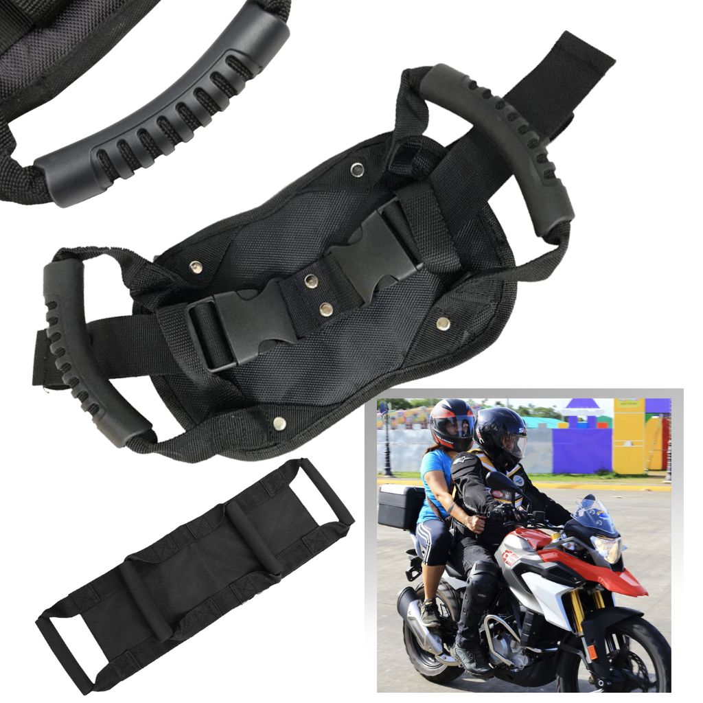 Cinto de segurança para passageiro de moto Ametoys, resistente e ajustável, para maior segurança durante viagens de motocicleta.
