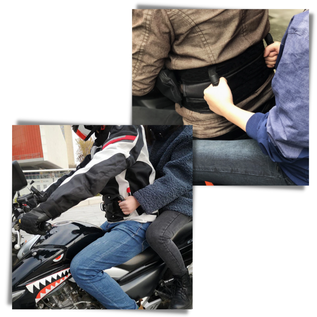 Cinto de segurança para passageiro de moto da marca Ametoys, resistente e confortável, usado na condução segura de veículos.