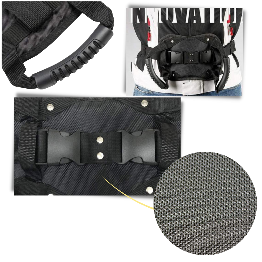 Cinturão de segurança para passageiro de moto Ametoys, feito para garantir proteção durante o passeio.