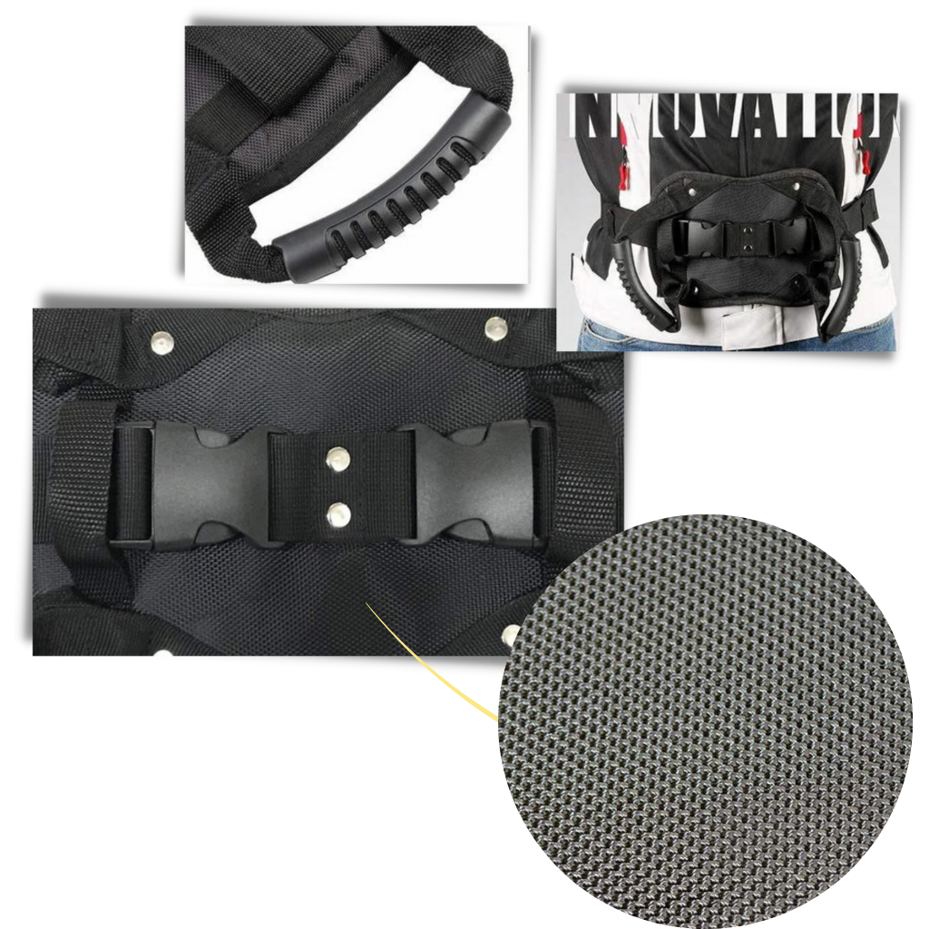 Cinto de segurança para passageiro de moto da marca Ametoys, resistente e confortável para condução segura.