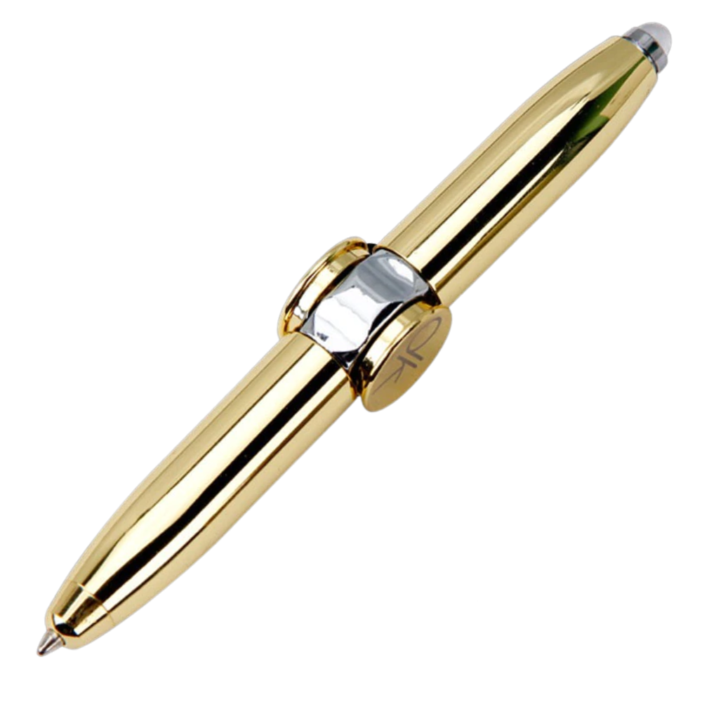 Caneta esferográfica spinner da Amuver, instrumento de escrita e desenho com detalhe rosa dourado.