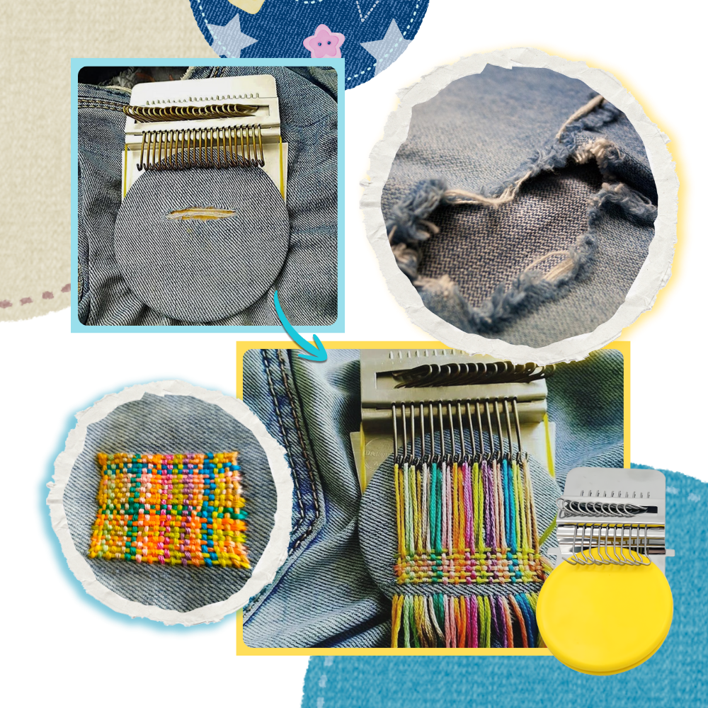 Mini métier a raccommoder tecido DIY da Andoer, ferramenta de artesanato criativo para reparos em tecido, com 10 broches pretas.