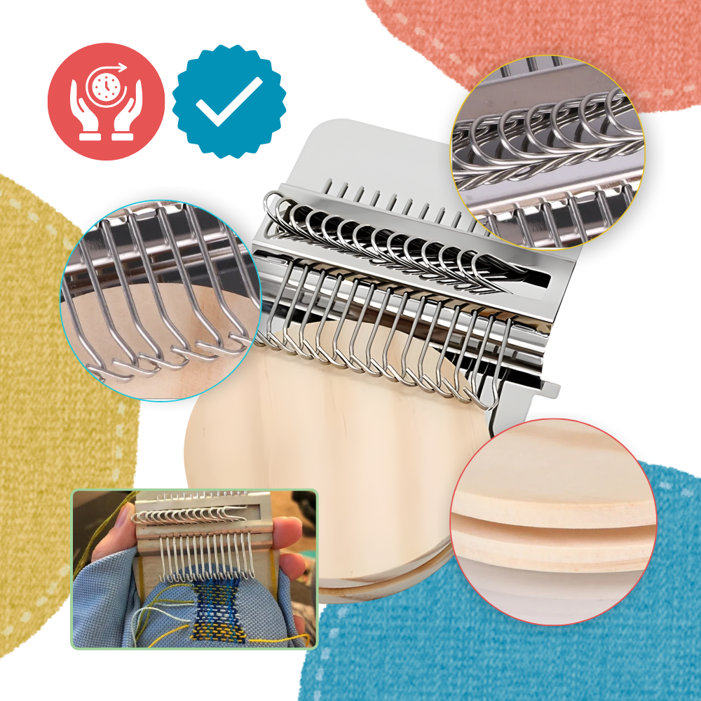 Mini métier a raccompor tecido DIY da Andoer, ferramenta criativa para costura e reparos em tecidos, com 10 broches pretas.