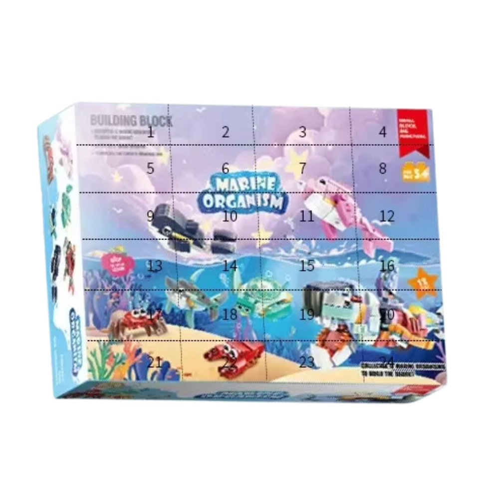 Blocos de construção Minecraft com tema oceano, brinquedo de montar da marca Ozerty, mostrando animais marinhos em blocos.